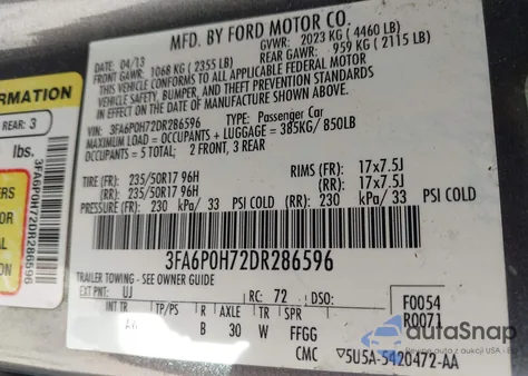 2013 Ford Fusion Se from USA, damaged, VIN 3FA6P0H72DR286596